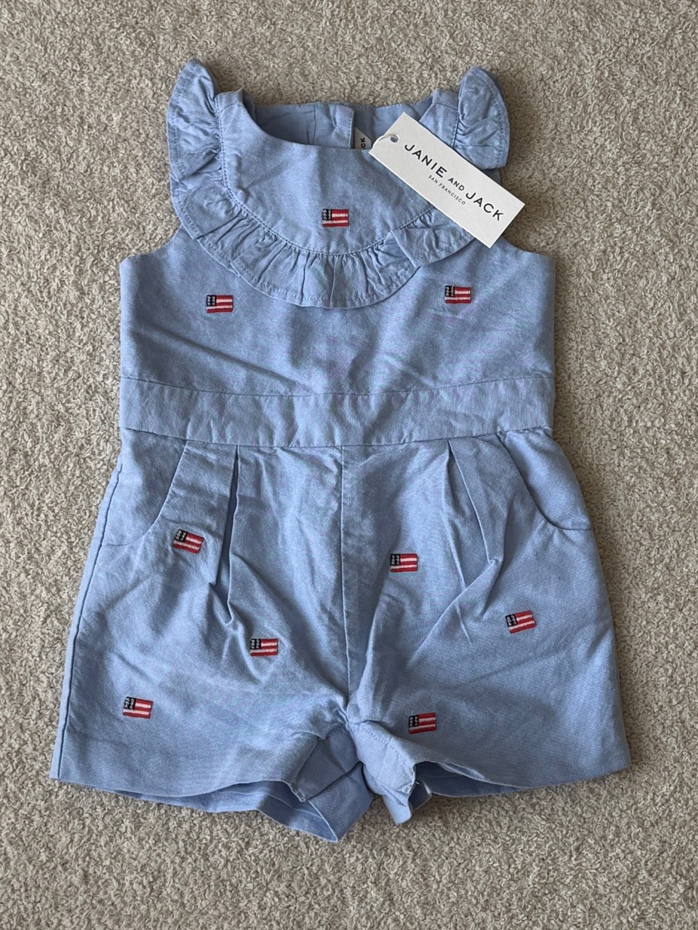 NWT JANIE AND JACK Embroidered Flag Girl Sz 6-12mo Ruffle Romper Sleeveless USA